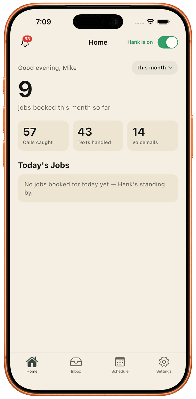 Real hank app home dashboard for a HVAC shop: jobs booked, missed calls handled, recent wins